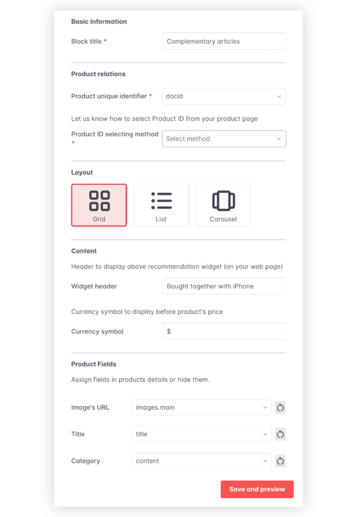 AddSearch Recommend Basic Settings UI for Product Block.