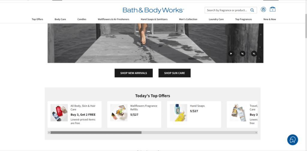 Bath & Body Works promotes limited-time offers and special discounts on their homepage, motivating customers to make purchases and explore new deals, increasing customer loyalty and sales.
