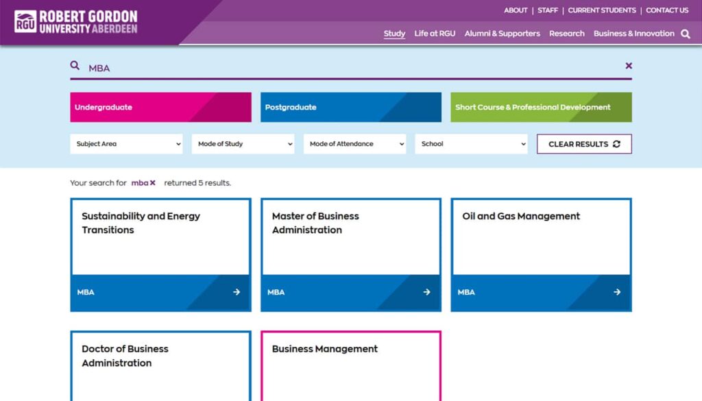faceted search examples: The RGU website