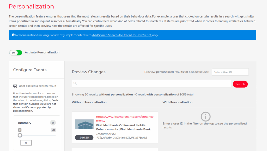 Picture of the user interface for enabling personalization in AddSearch dashboard.